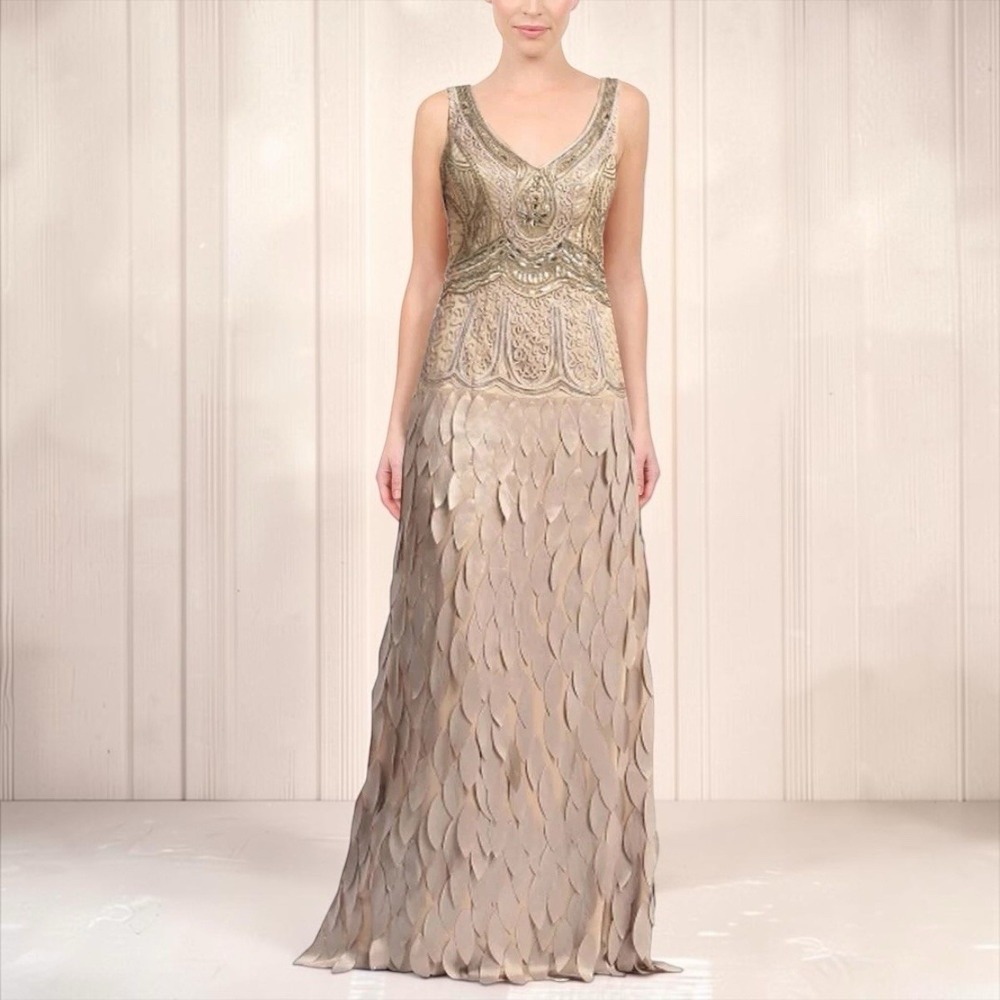 Sue Wong Beaded Leaf Petal Appliqué Dress Gown Embellished Vintage Y2K Sz 8